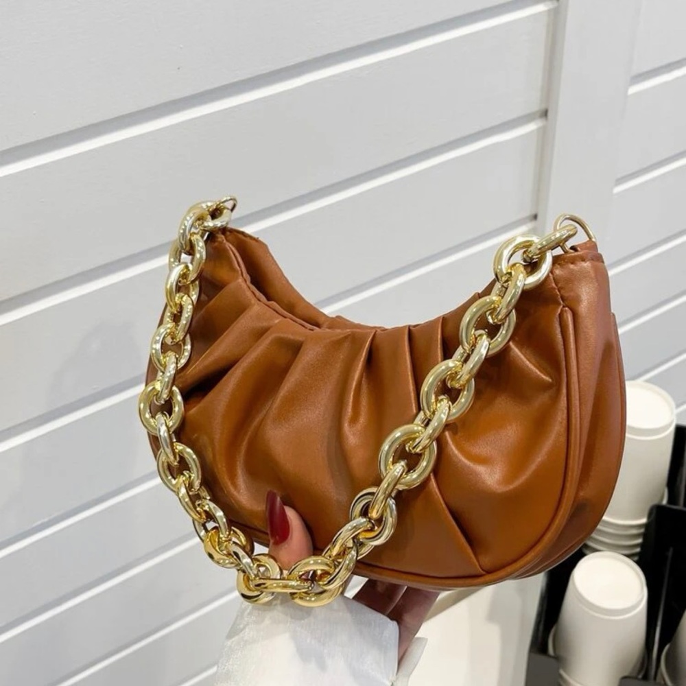 Brown Baguette Bag Mini Brown Purse with Gold Chain Decor